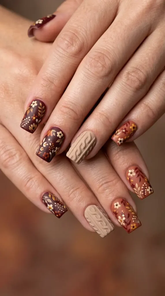 Floral Sweater Texture Accent Nails