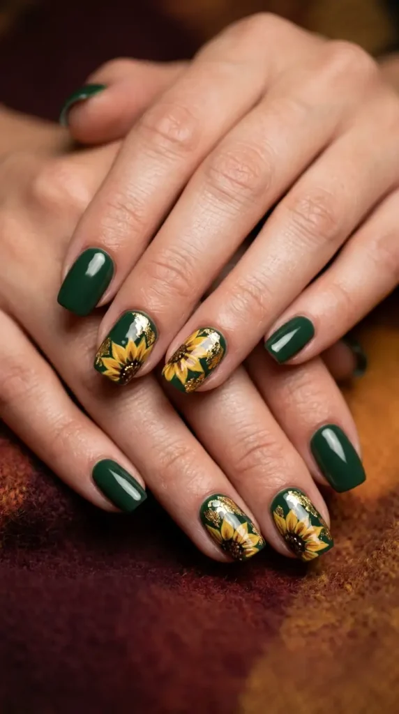 Forest Green Acrylic Nails with Gold Foil Sunflowers