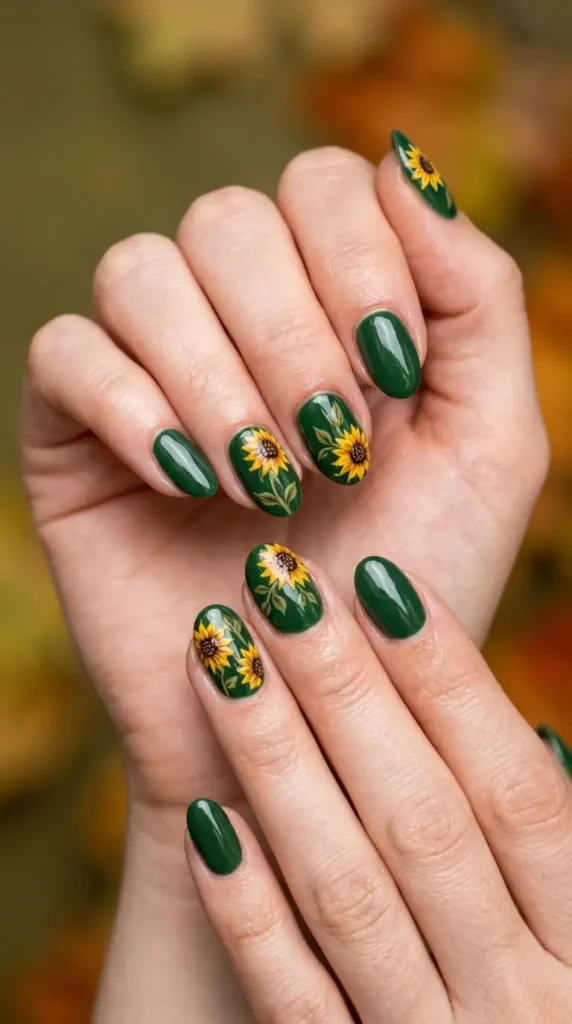 Forest Green Fall Floral Nails