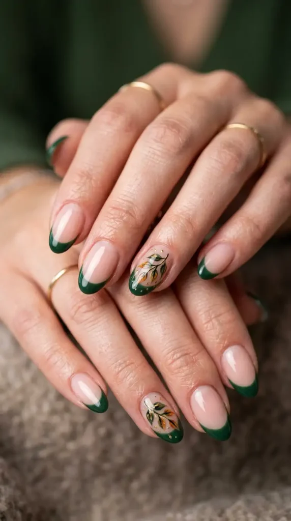 Forest Green French Tips with Leaf Art