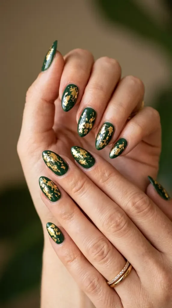 Forest Green & Gold Foil Nails