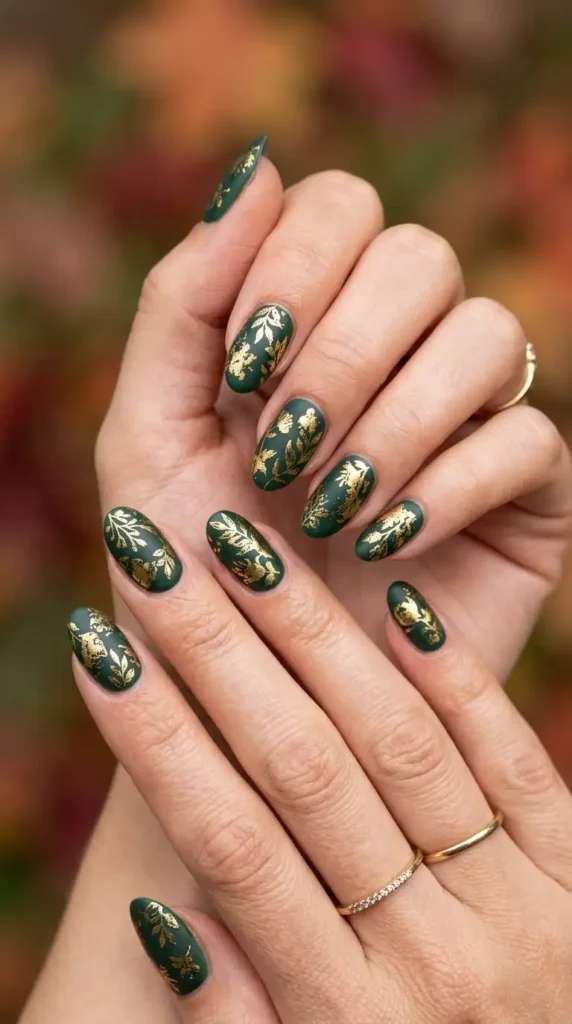 Forest Green Nails with Gold Floral Foil