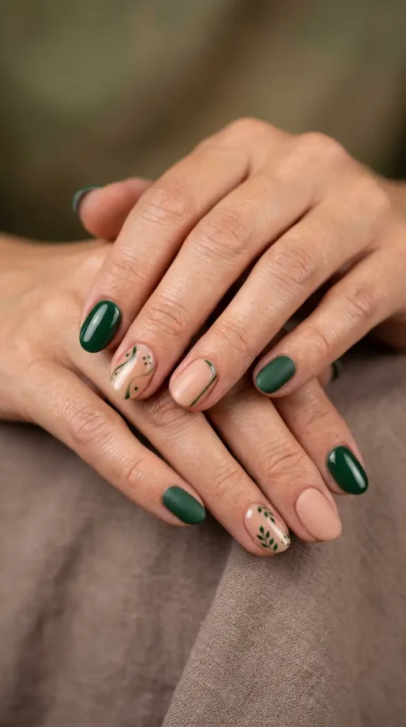 Forest Green & Nude Mix-and-Match Nails