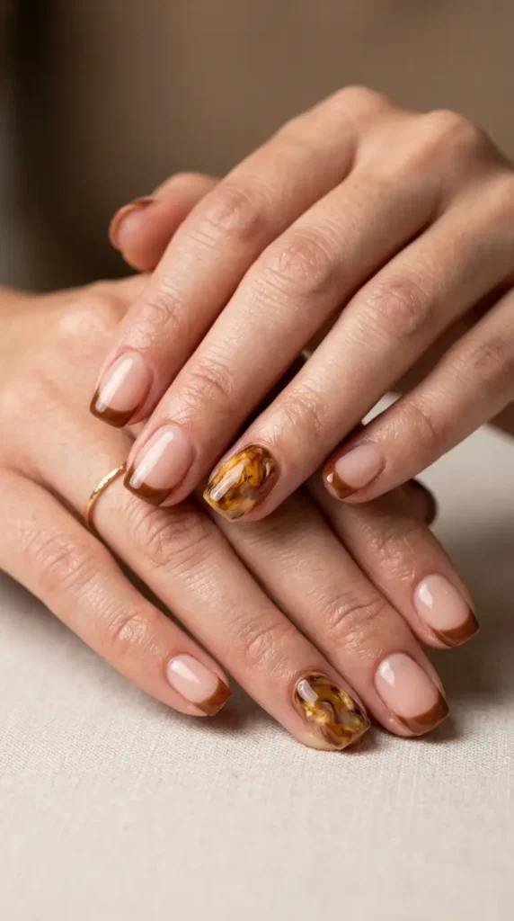French Tips with Amber Marble Accent Nail