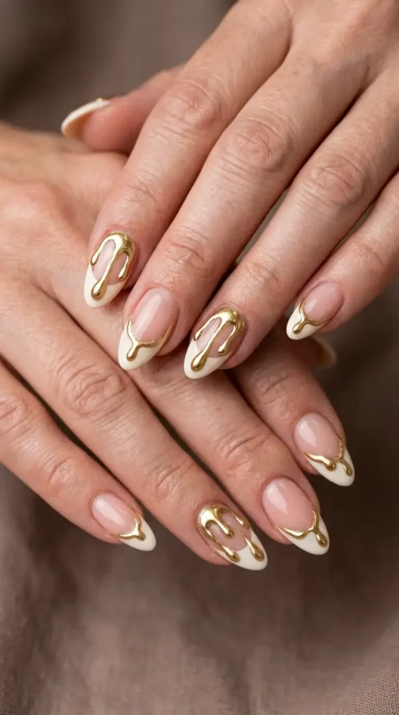 French Tips with Gold Chrome Drip Effect