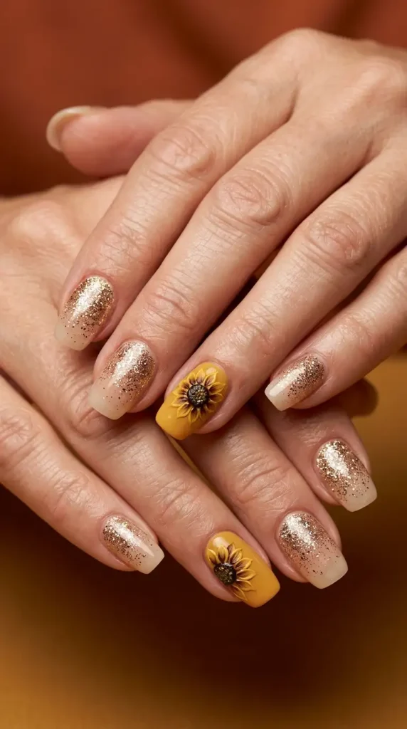 Glitter Cuticle Fade Acrylic Nails with Floral Accent