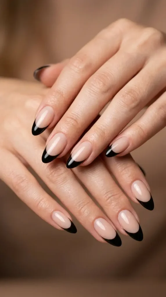 Glossy Black French Tips with Almond Nails