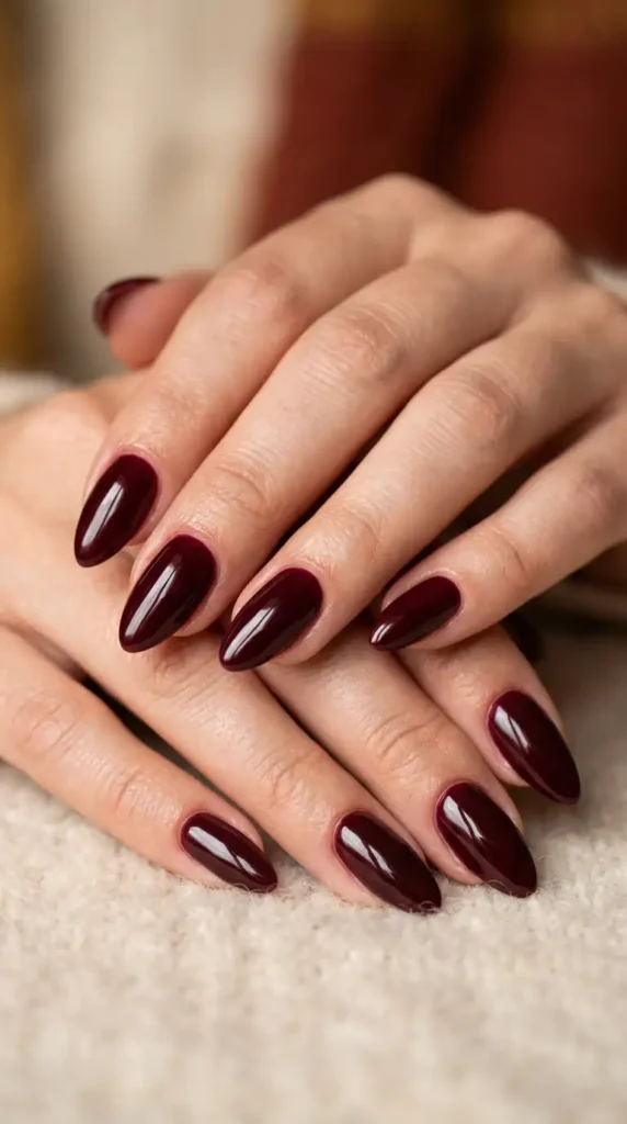 Glossy Burgundy Almond Nails