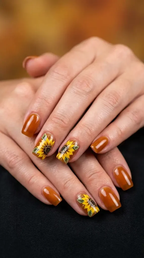 Glossy Caramel Sunflower Nails