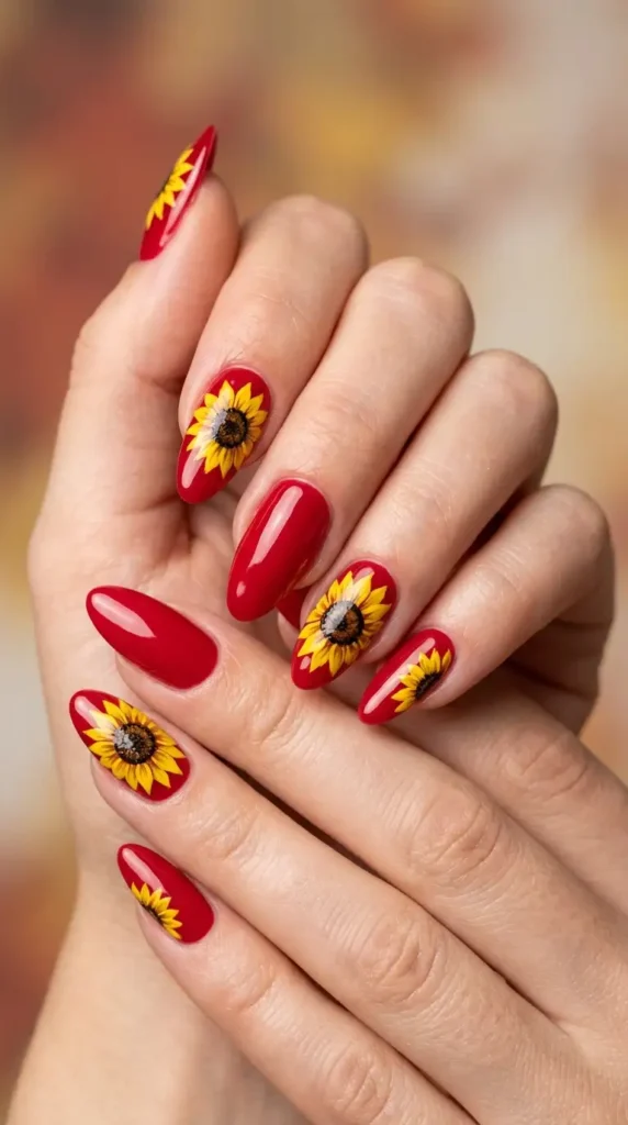 Glossy Cherry Red Sunflower Nails