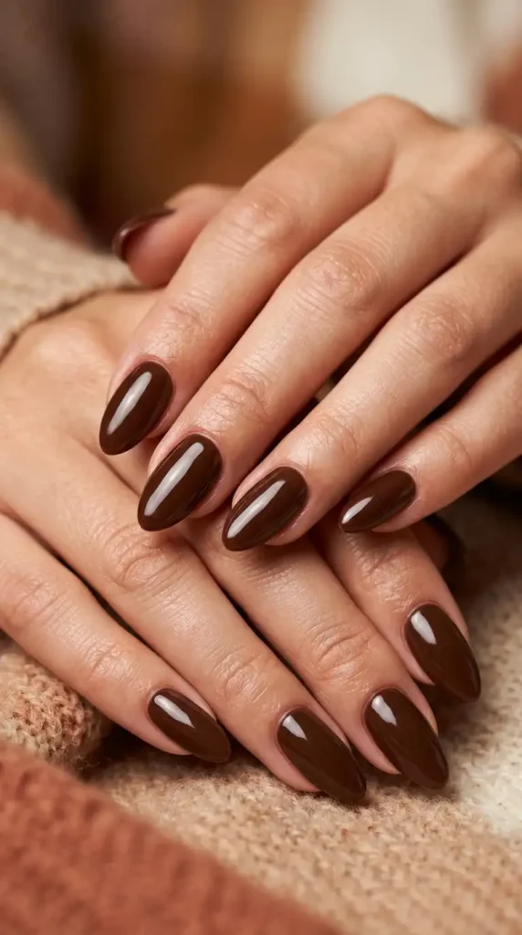 Glossy Chocolate Brown Almond Nails