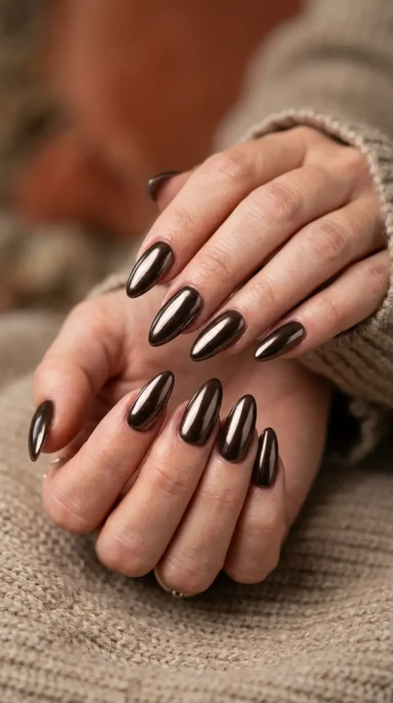 Glossy Espresso Chrome Long Nails