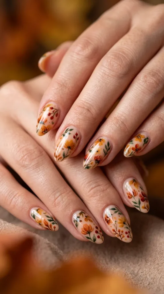Glossy Floral Autumn Nails