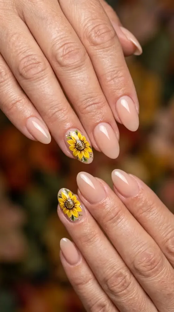 Glossy Nude Acrylic Nails with Sunflower Accent