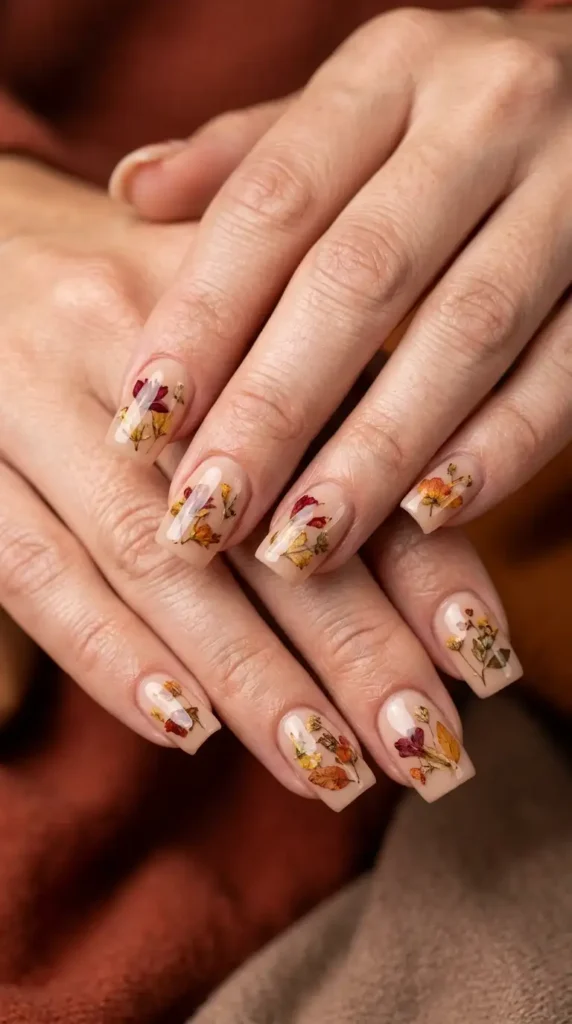 Glossy Nude Base with Pressed Dried Florals