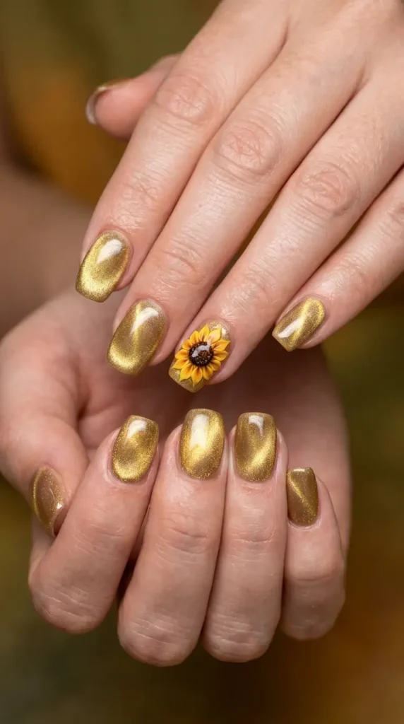 Gold Cat Eye Acrylic Nails with Sunflower Accent Nail