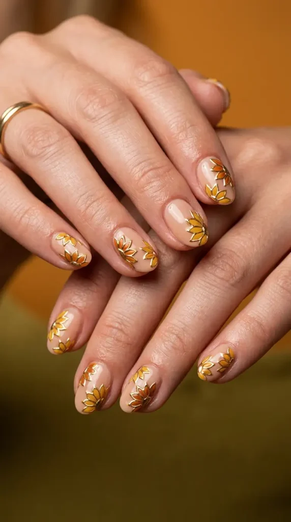 Gold Chrome Outline Floral Nails