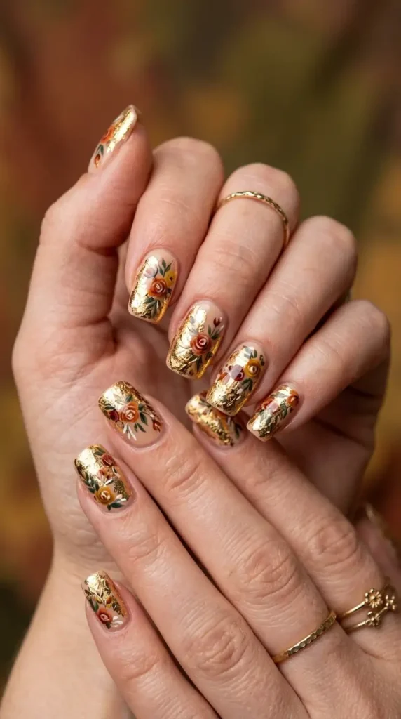 Gold Foil & Autumn Bloom Nails