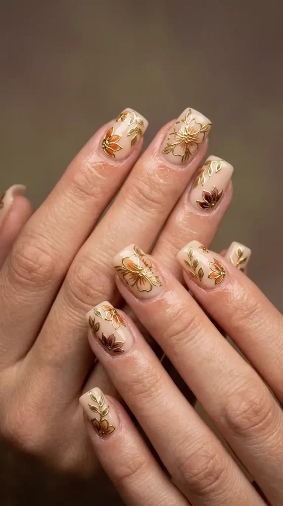 Gold Foil Floral Outline Nails