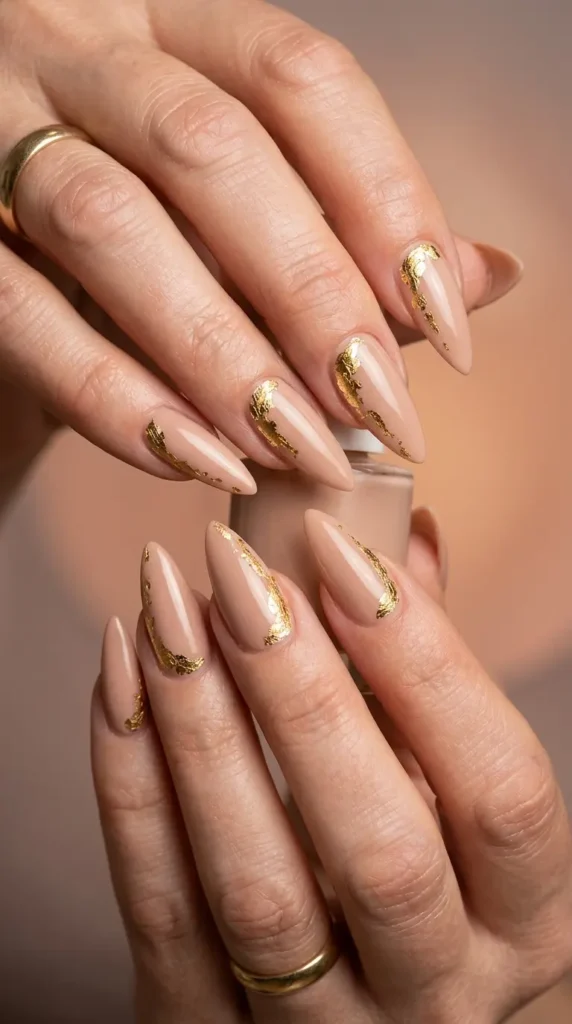 Gold Foil Nude Stiletto Nails