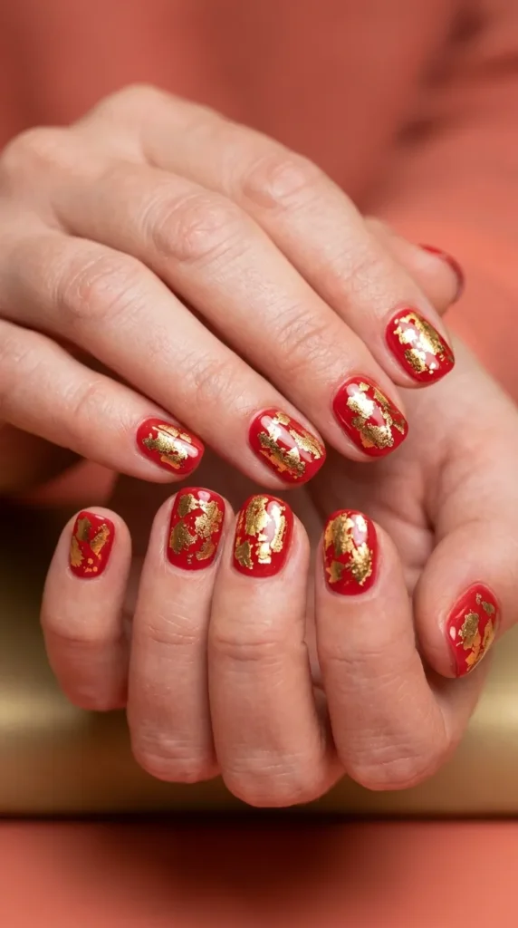 Gold Foil Red Nails
