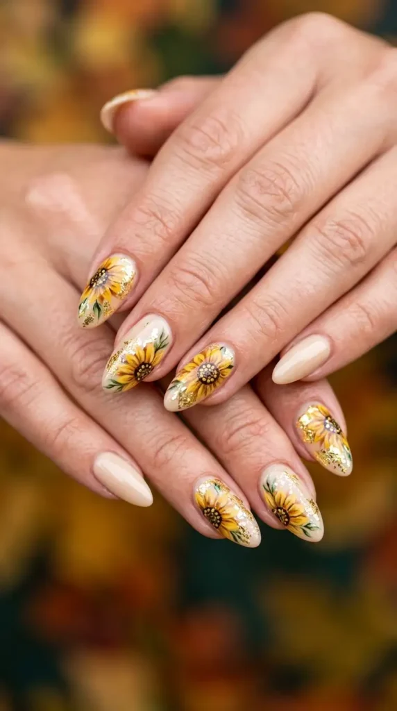 Gold Foil Sunflower Nail Designs
