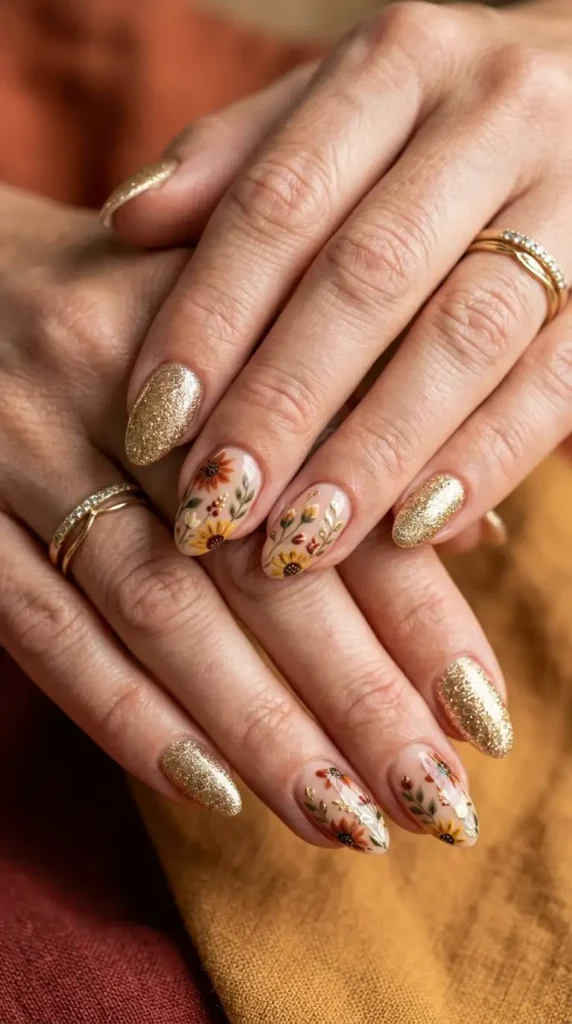 Gold Glitter Accent Nails with Wildflowers