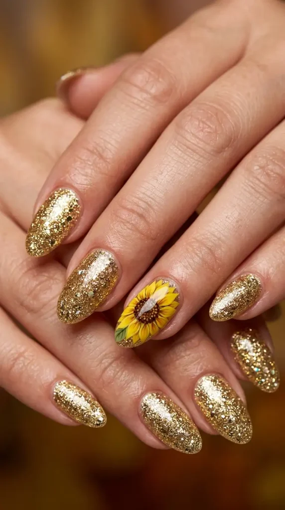 Gold Glitter Acrylic Nails with Oversized Sunflower