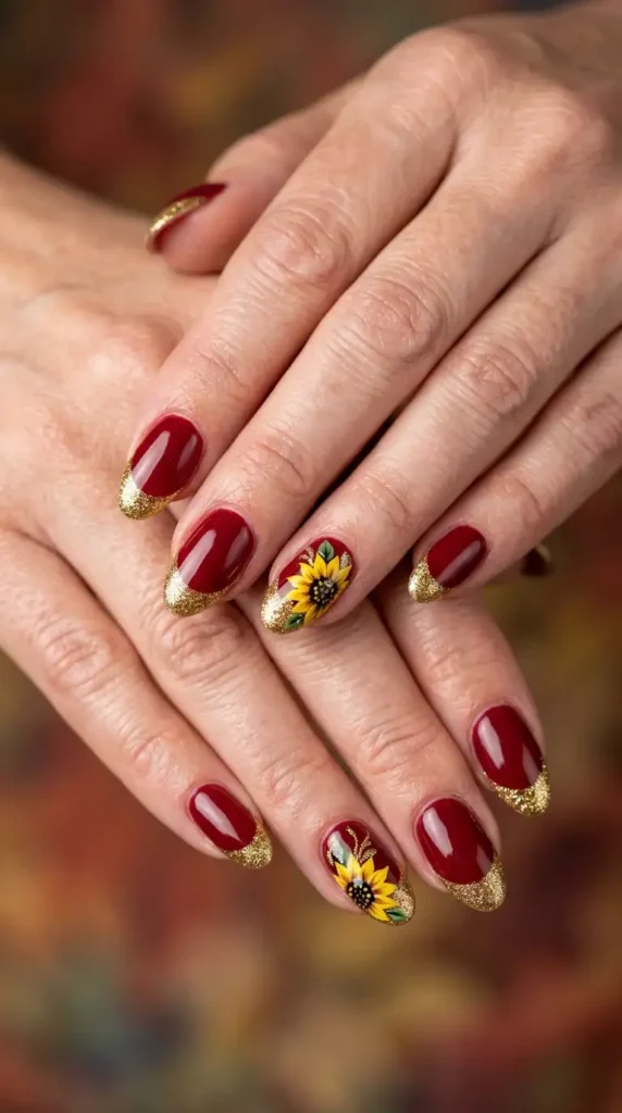 Gold Glitter French Tips with Sunflowers