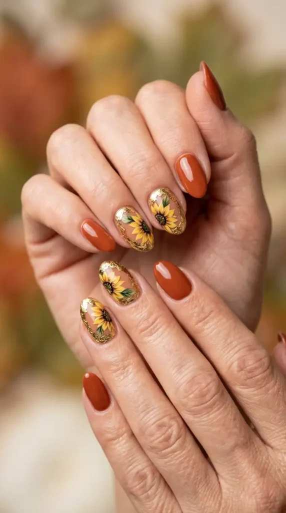 Gold Leaf Acrylic Nails with Sunflower Accent