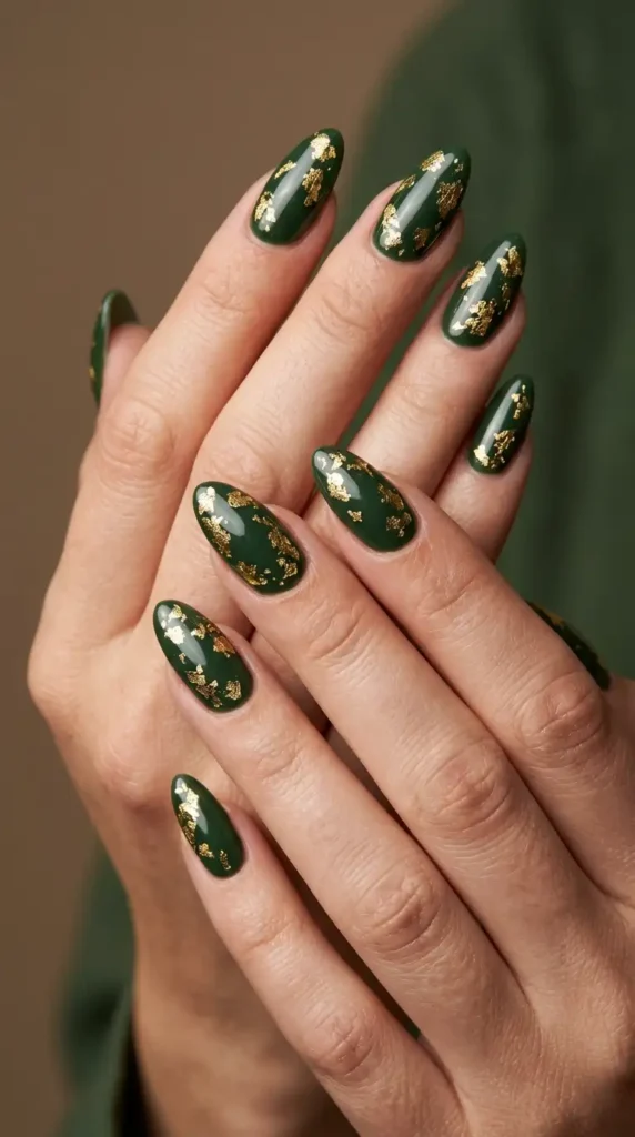Gold Leaf Forest Green Nails