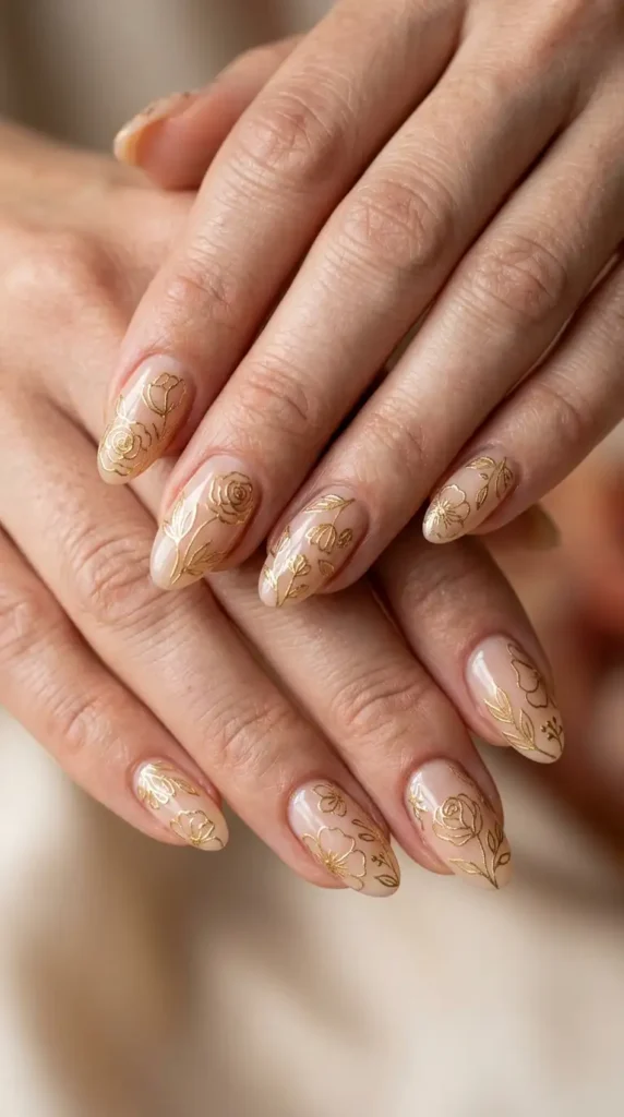 Gold Outline Floral Nude Nails