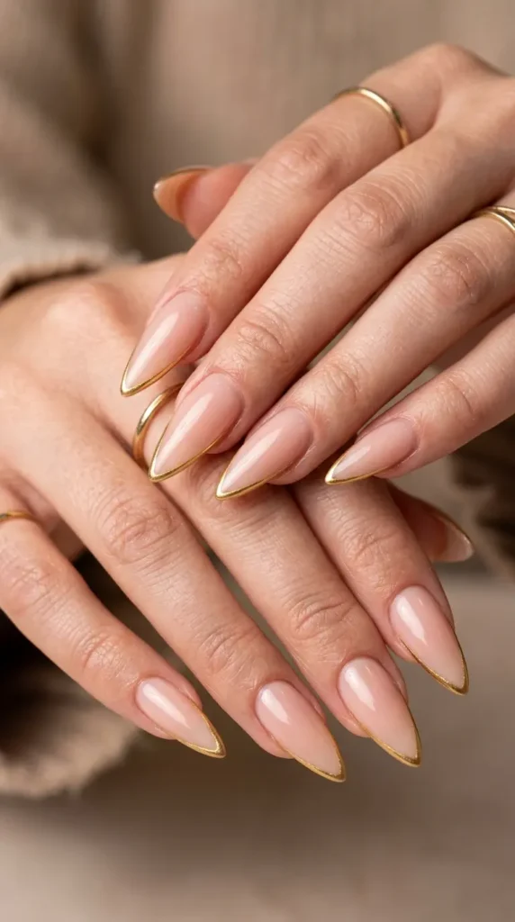 Gold Outline French Stiletto Nails