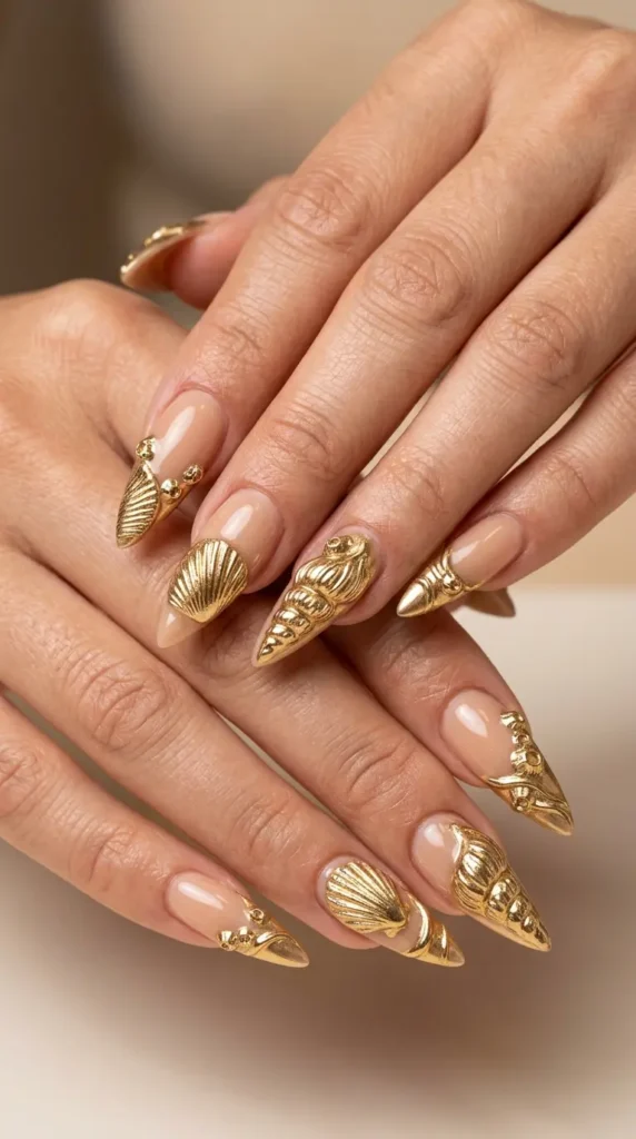 Gold Seashell Accent Stiletto Nails