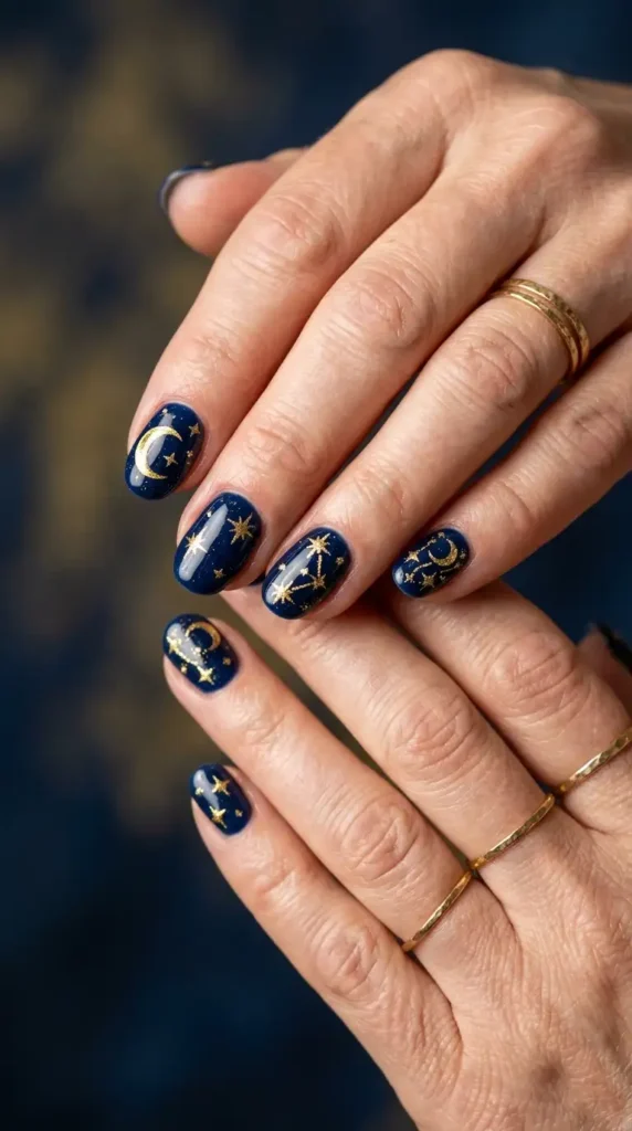 Gold Starry Night Gel Nails