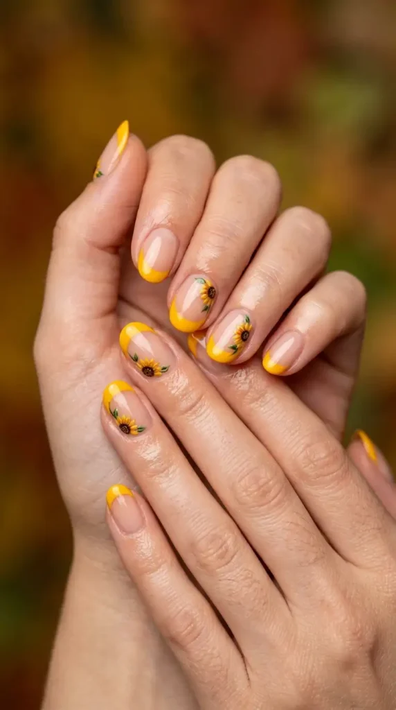 Golden Yellow Floral French Manicure