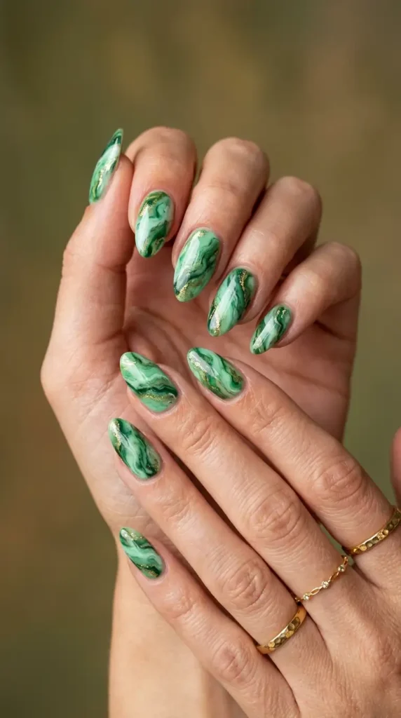 Green Marble Almond Nails