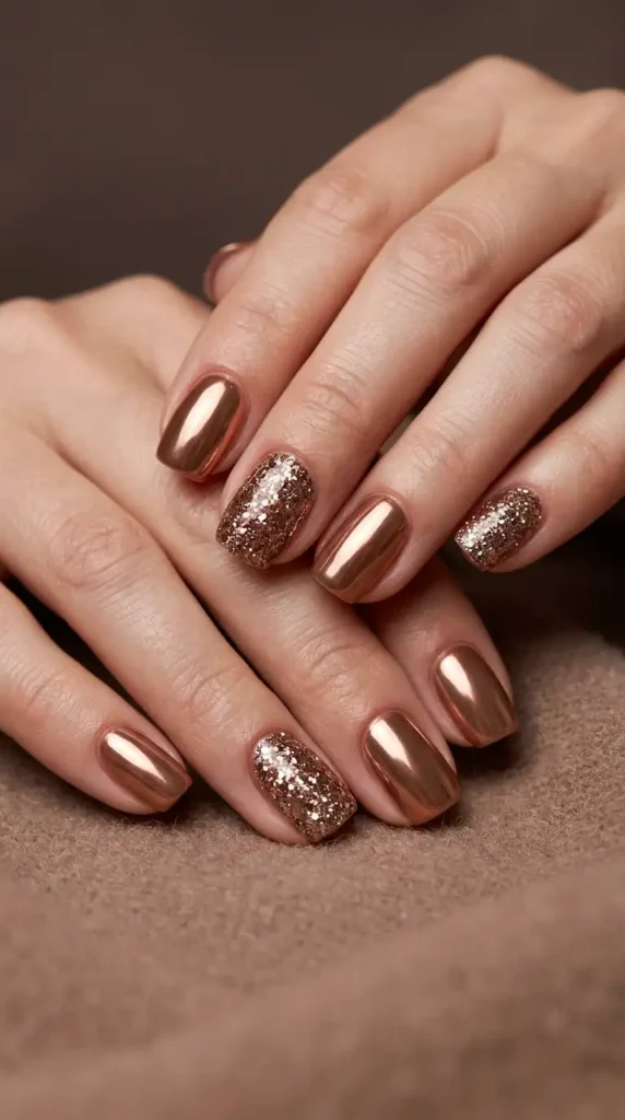 Hazelnut Chrome & Glitter Combination Nails