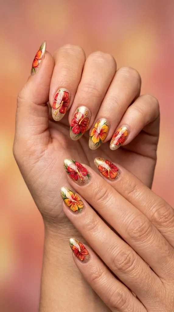 Hibiscus Flower Glitter Nails