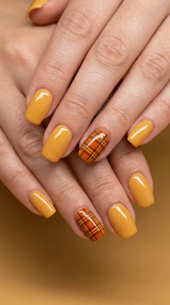 Honey Yellow Acrylic Nails with Plaid Accent