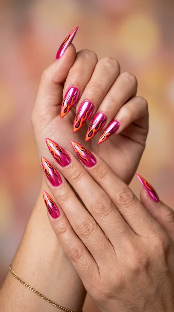 Hot Pink Chrome Flame Stiletto Nails