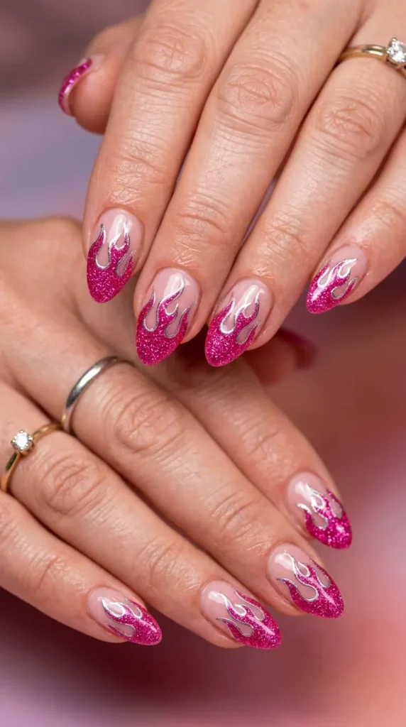 Hot Pink Glitter Flame Nails