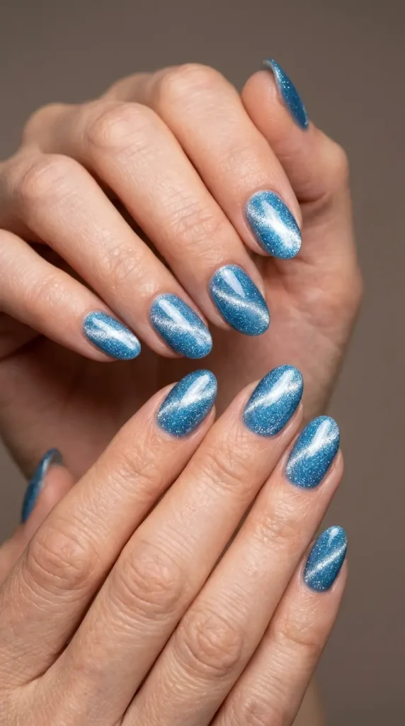 Ice Blue Cat Eye Glitter Nails