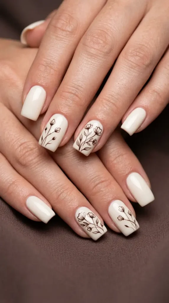 Ivory Nails with Brown Floral Line Art