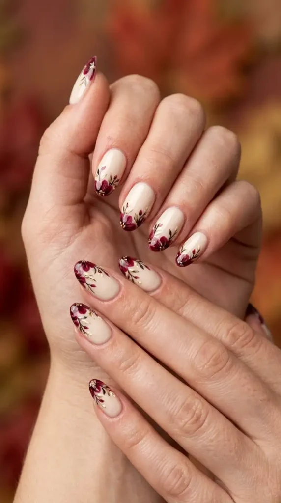 Ivory Nails with Burgundy Floral Tips