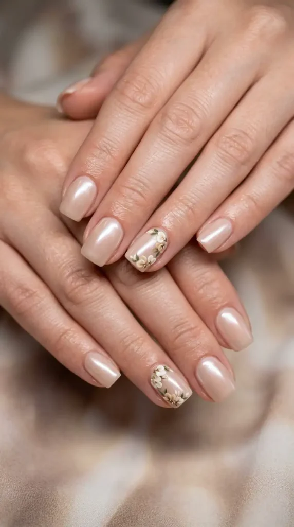 Latte Chrome Nails with Mini Flowers
