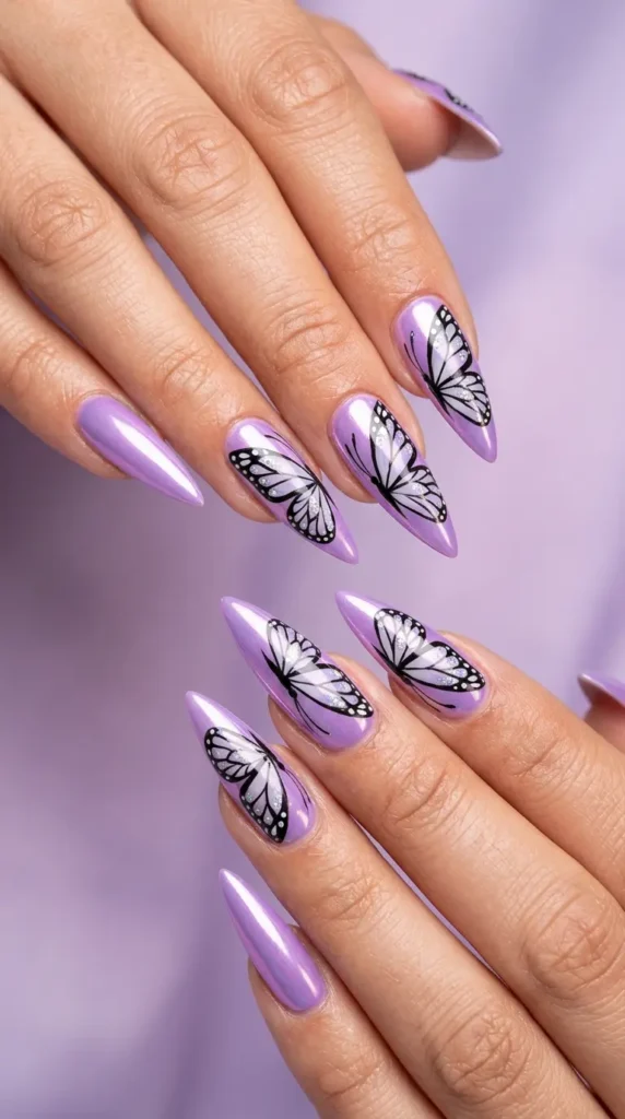 Lavender Chrome Butterfly Stiletto Nails