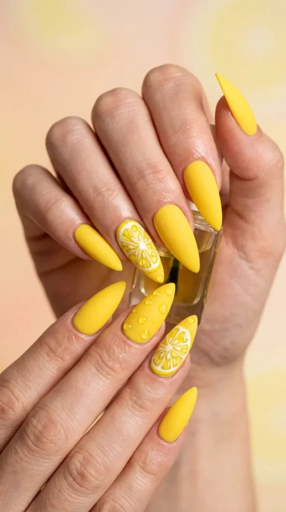 Lemon Slice Nail Art Stiletto Nails