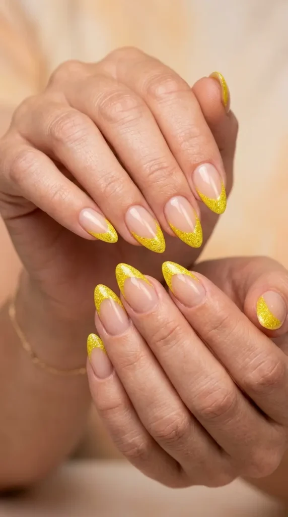 Lemon Yellow Glitter French Tips