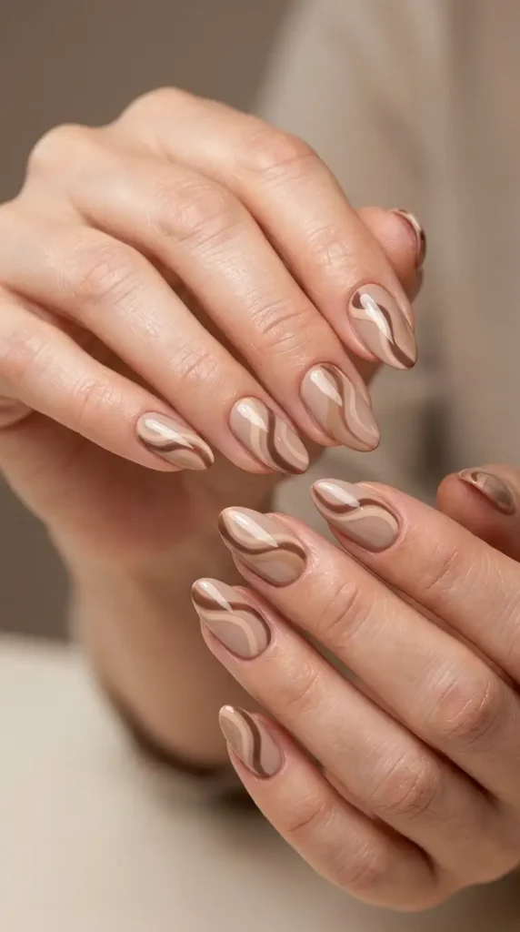 Light Mocha Abstract Swirl Nails